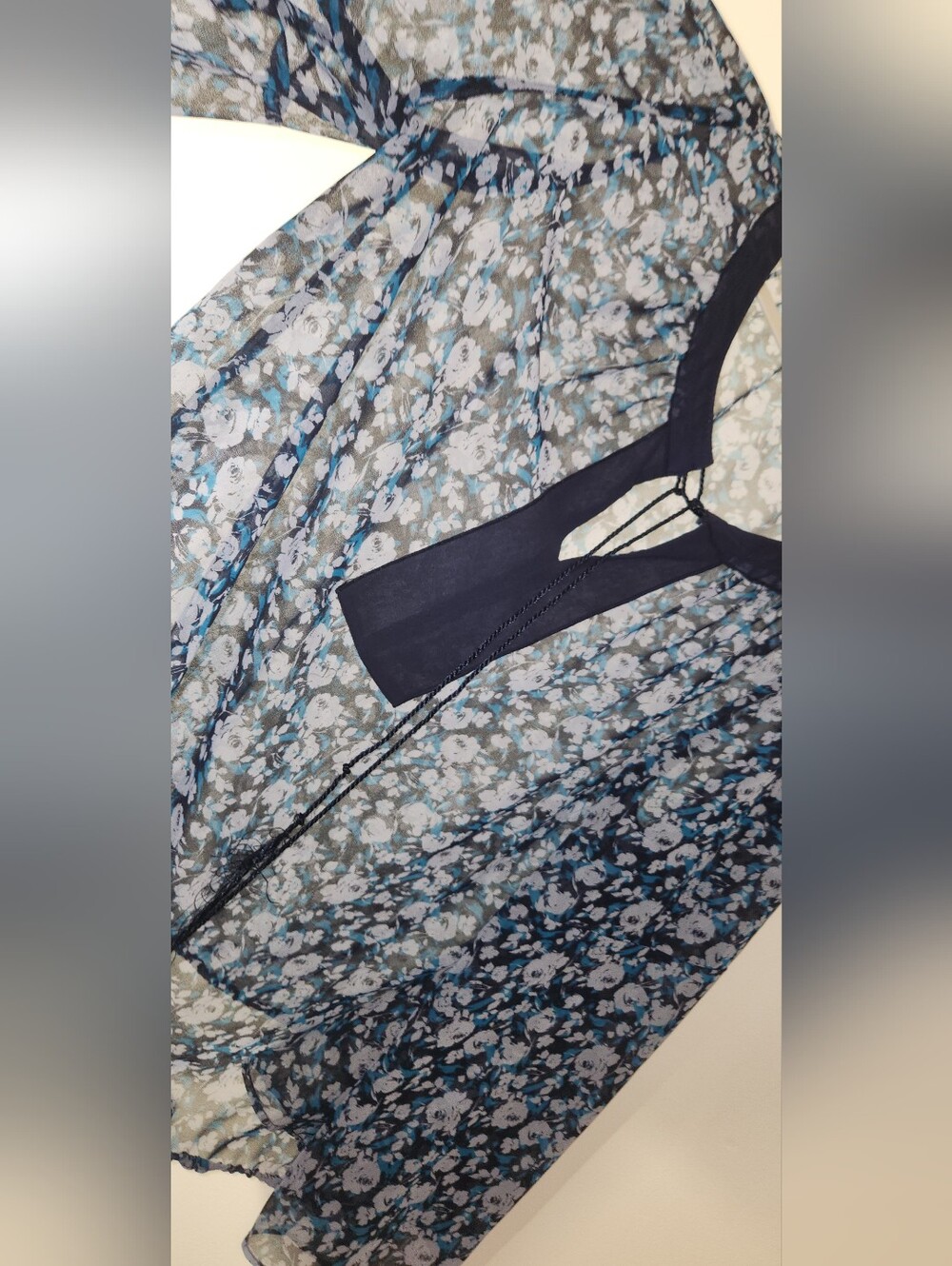 Lane Bryant 18/20 Navy Floral Sheer Blouse with Blue Accents & Tassels